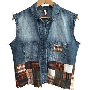 Sleeveless Patchwork Denim Shirt, Small: Upcycled Plaid Artsy Top with Fringe